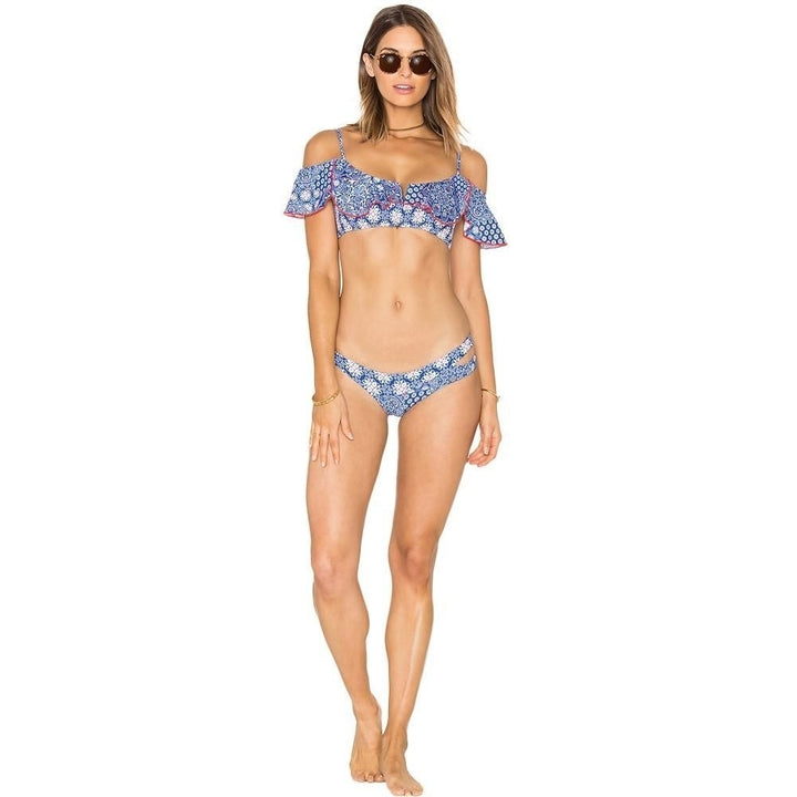 Women Ruffles Vintage Print Cut Out Bottom Low Waist Padded Two Piece Swimsuit Image 1