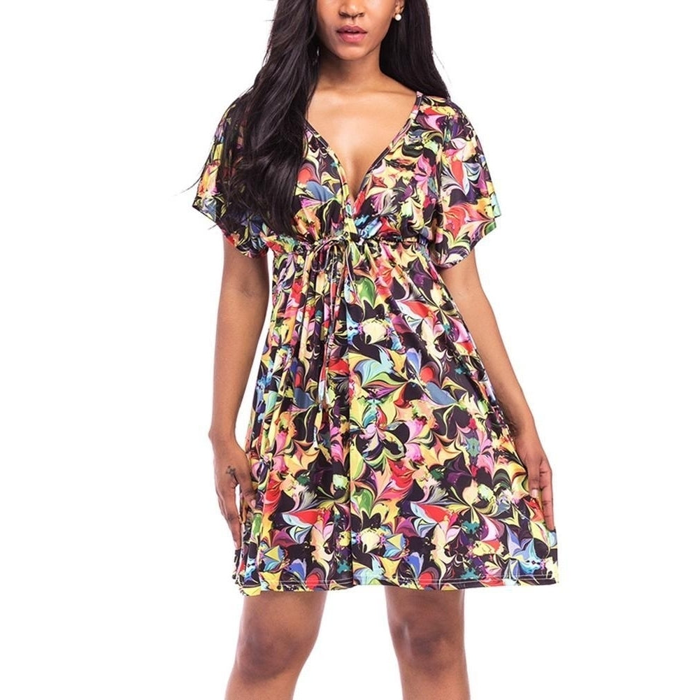 Women Print Mini Dress V Neck Short Sleeve Elastic Waist Summer Beach Pleated Plus Size Image 6