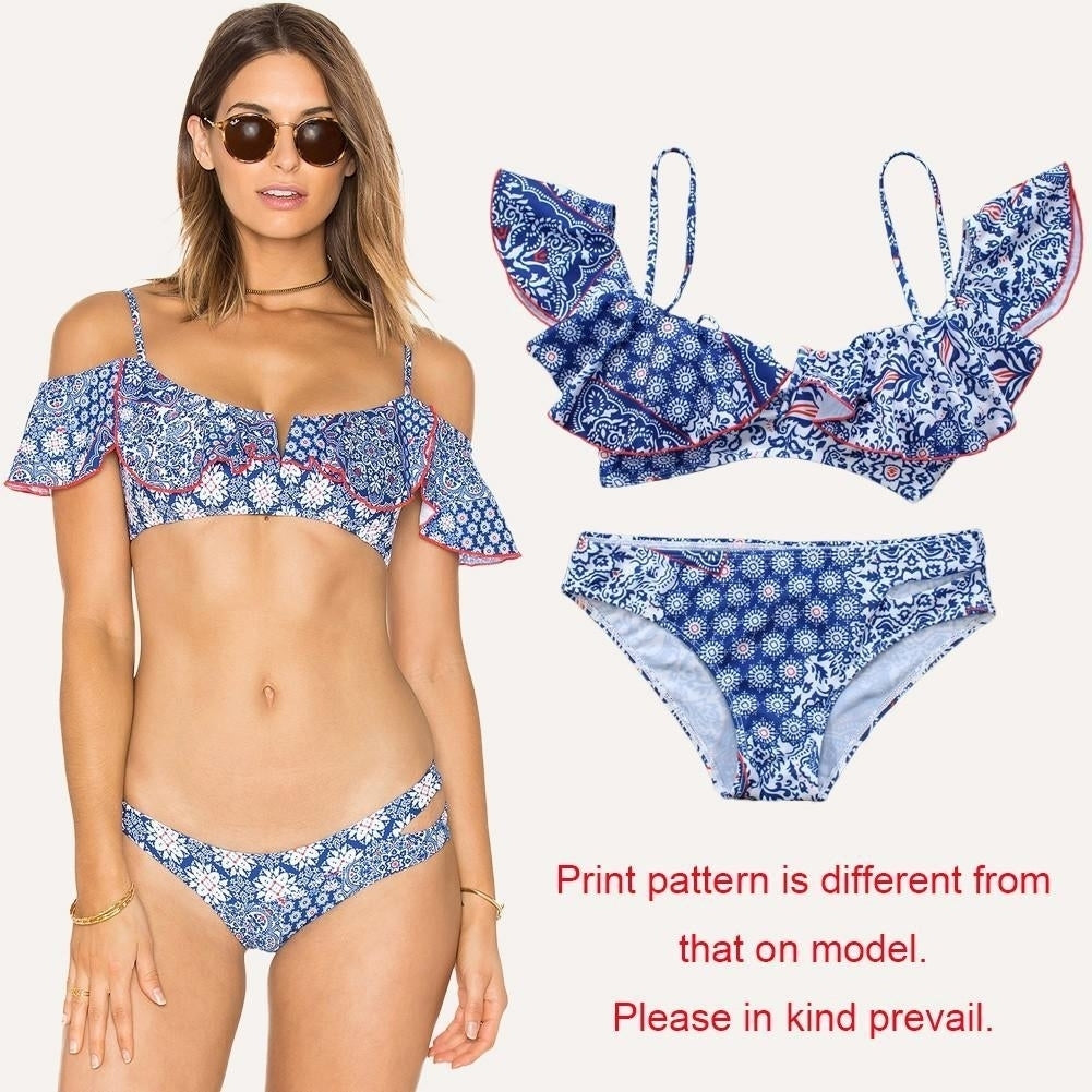 Women Ruffles Vintage Print Cut Out Bottom Low Waist Padded Two Piece Swimsuit Image 6
