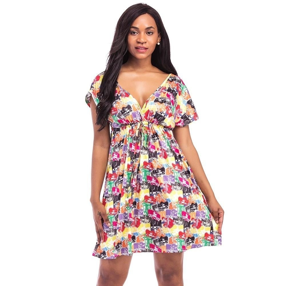 Women Print Mini Dress V Neck Short Sleeve Elastic Waist Summer Beach Pleated Plus Size Image 9