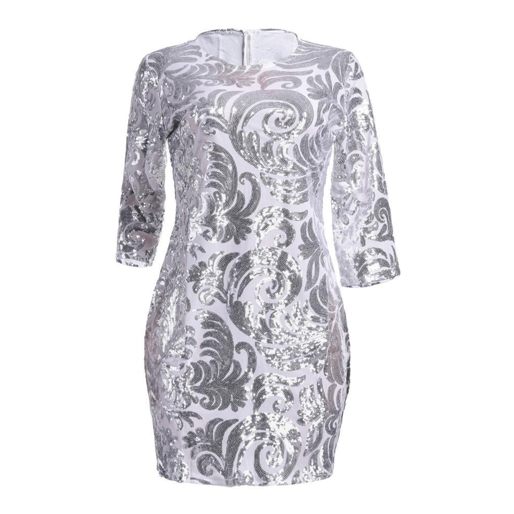 Women Sequin Mini Dress Half Sleeve O Neck Evening Party Club Elegant Bodycon Silver Image 4