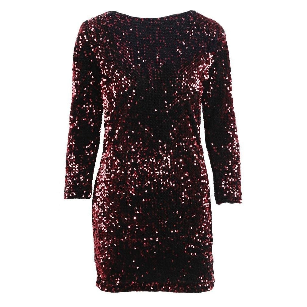 Women Sequin Bodycon Mini Club Dress Round Neck 3,4 Sleeve Plunge Back Party Image 2