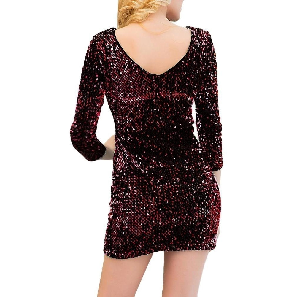 Women Sequin Bodycon Mini Club Dress Round Neck 3,4 Sleeve Plunge Back Party Image 3