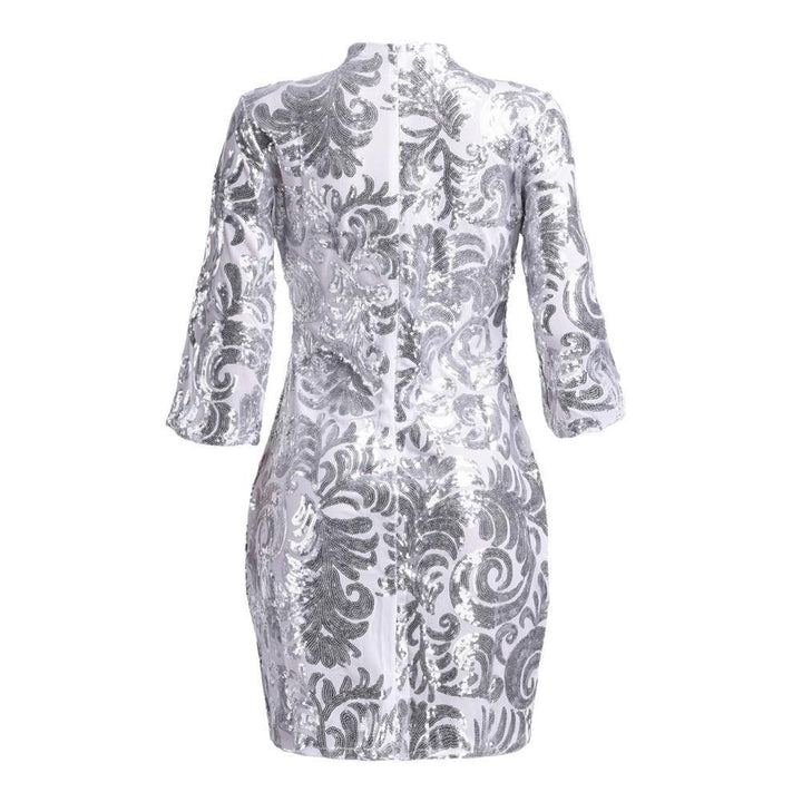 Women Sequin Mini Dress Half Sleeve O Neck Evening Party Club Elegant Bodycon Silver Image 8