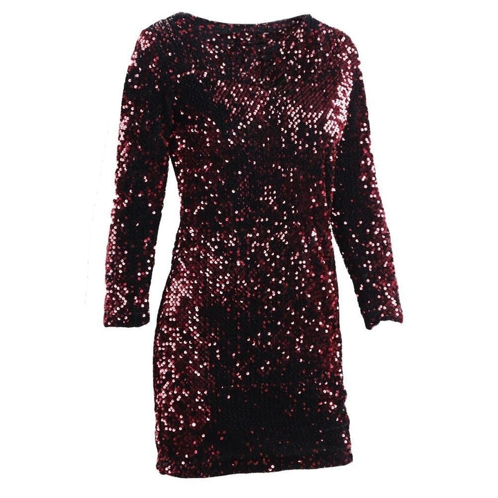 Women Sequin Bodycon Mini Club Dress Round Neck 3,4 Sleeve Plunge Back Party Image 4