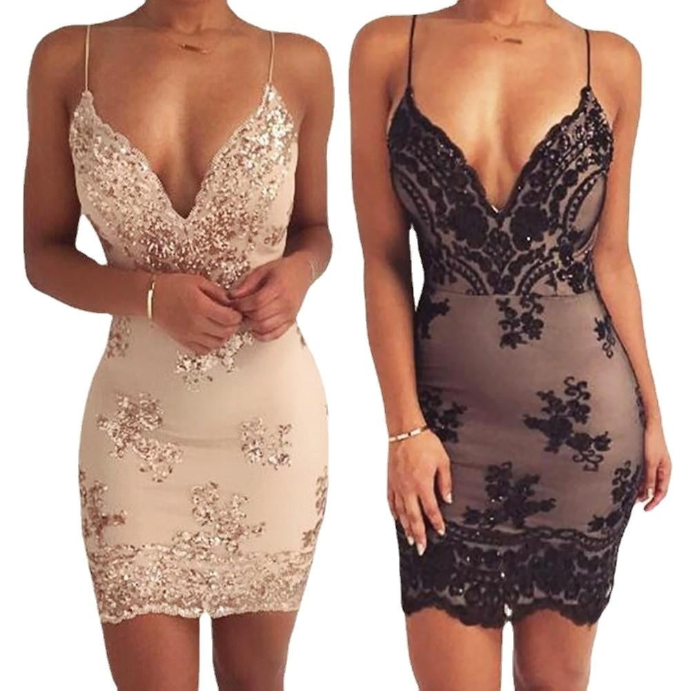 Women Sequined Bodycon Spaghetti Strap Dress Deep V Neck Backless Night Club Party Image 1