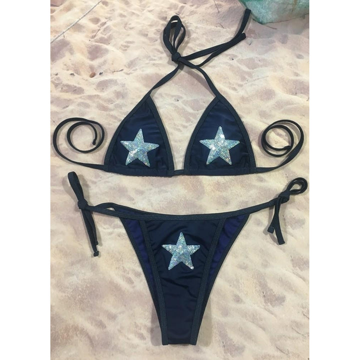 Women Sequined Stars Halter Tied Waist Padded Two Pieces Swimwear Image 8