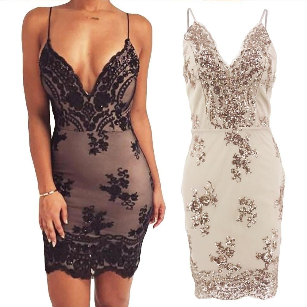 Women Sequined Bodycon Spaghetti Strap Dress Deep V Neck Backless Night Club Party Image 4