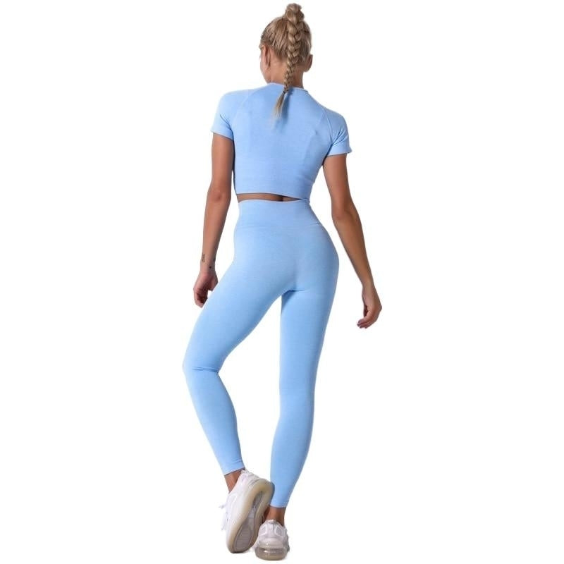 Women Seamless Yoga Set Short Sleeve Crop Top High Waist Sport Leggings Suit Pack 4 Image 1