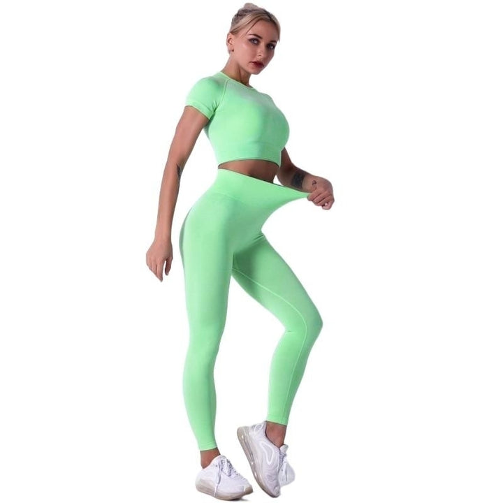 Women Seamless Yoga Set Short Sleeve Crop Top High Waist Sport Leggings Suit Pack 4 Image 7