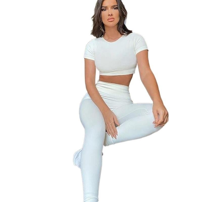 Women Seamless Yoga Set Short Sleeve Crop Top High Waist Sport Leggings Suit Pack 4 Image 8