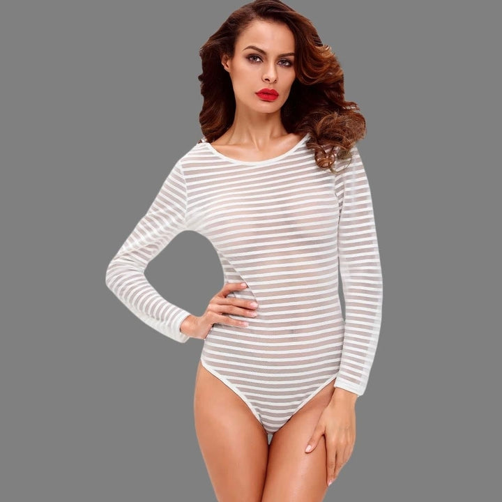 Women Sexy Bodysuit Semi-sheer Stripe Round Neck Long Sleeve Tights Rompers Image 1