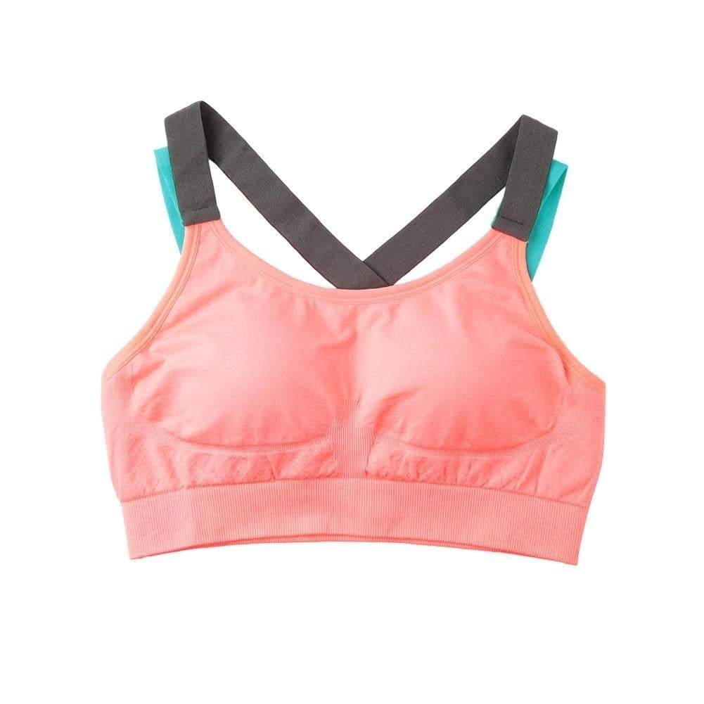 Women Sports Bra Wide Cross Strap Elastic Contrast Color Breathable Padded Wireless Image 2