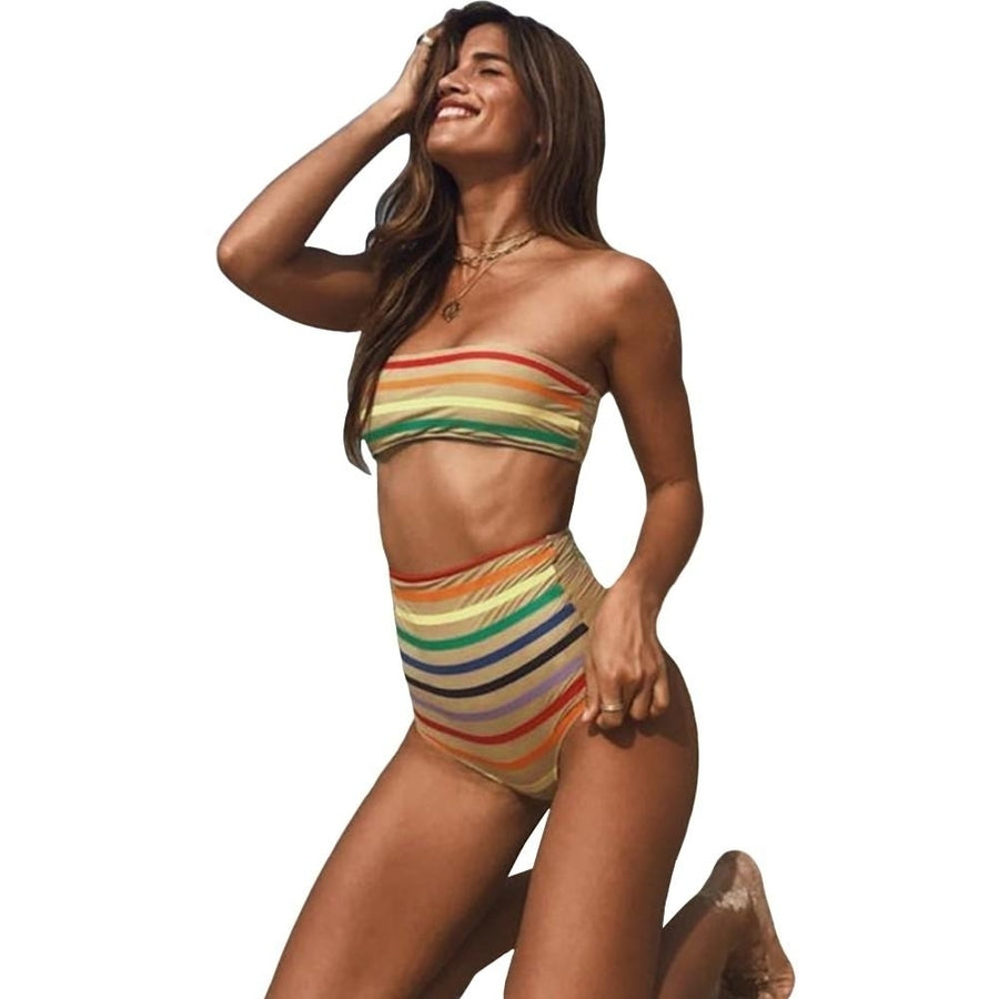 Women Stripe High Waist Bikini Set Off Shoulder Push Up Padded Swimsuit Swimwear Bathing Suit Image 1