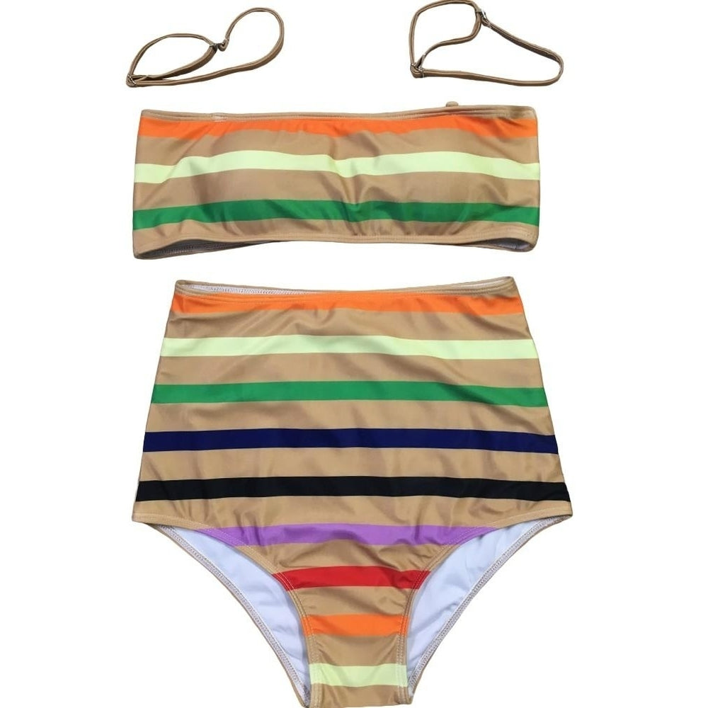 Women Stripe High Waist Bikini Set Off Shoulder Push Up Padded Swimsuit Swimwear Bathing Suit Image 2