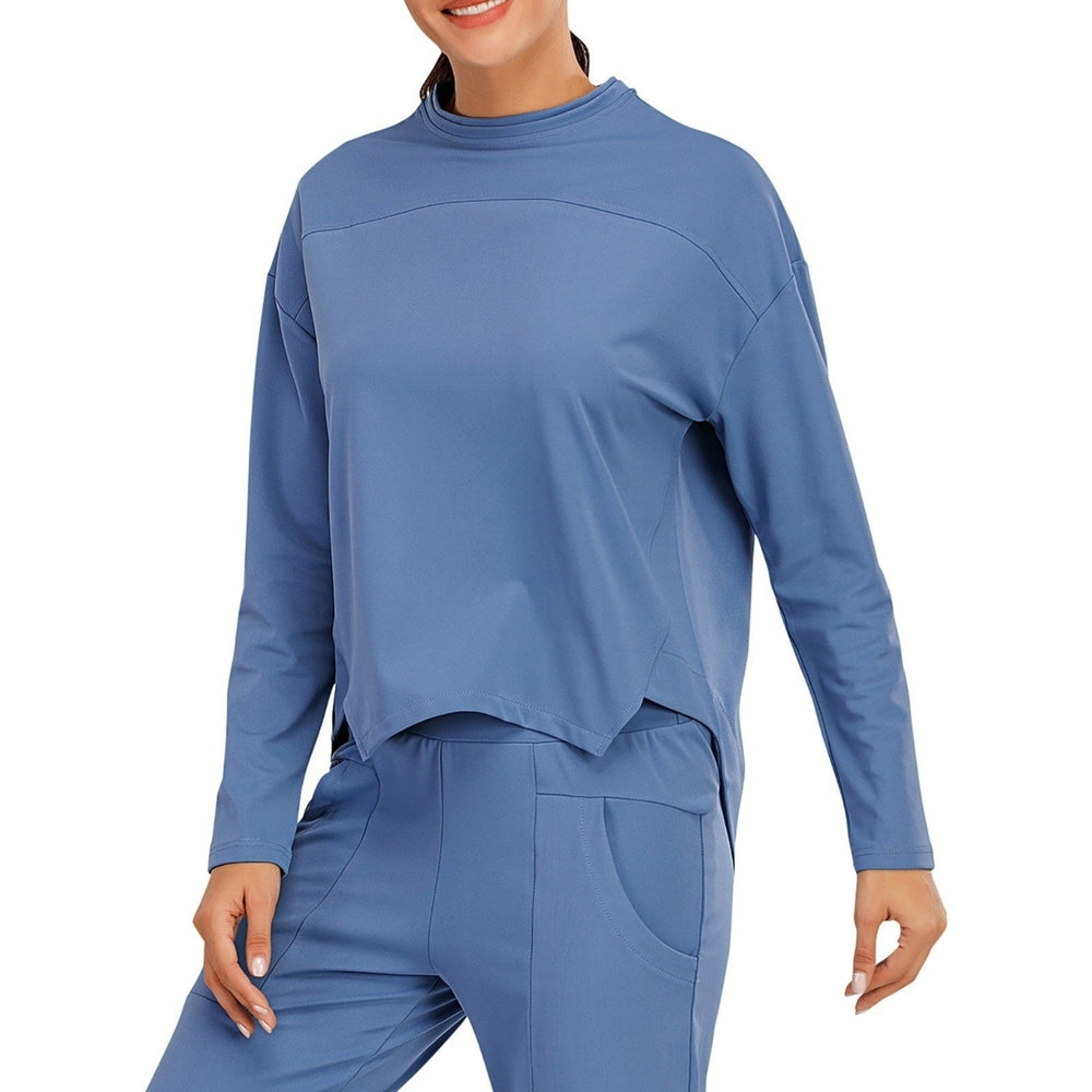 Women Sweatshirt O-Neck Long Sleeves Asymmetrical Hem Quick-Dry Running Fitness Tops Image 2