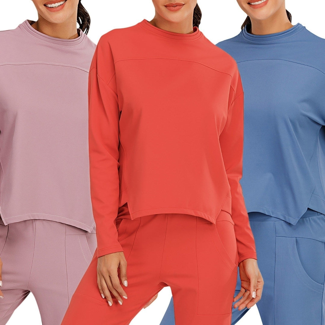Women Sweatshirt O-Neck Long Sleeves Asymmetrical Hem Quick-Dry Running Fitness Tops Image 4