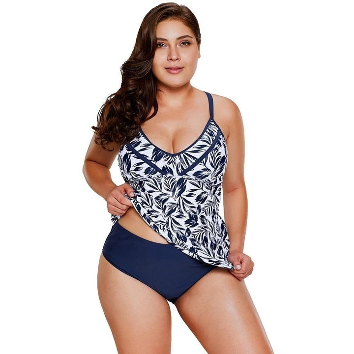 Women Swimsuit Two Piece Set Plunge V Leaves Print Wireless Padded Cross Over Strap Sexy Swimwear Plus Size Image 3