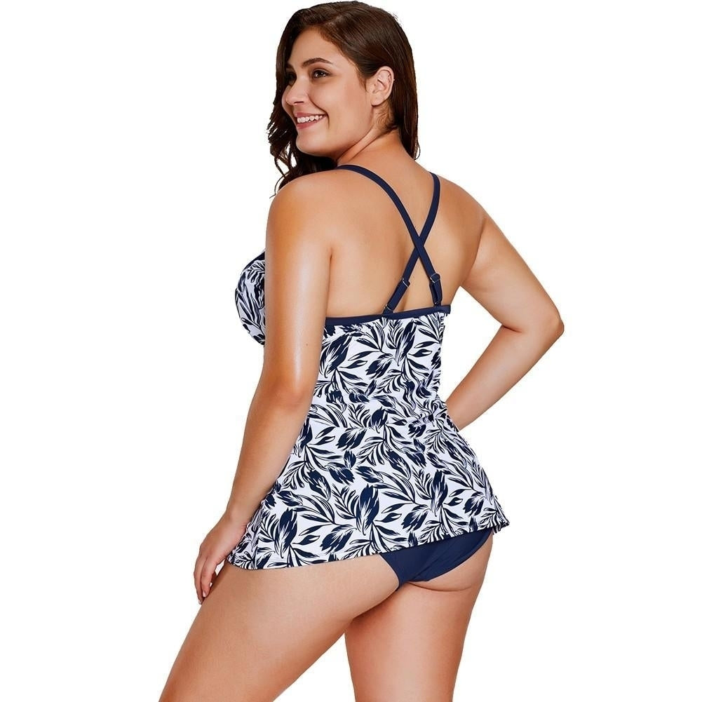Women Swimsuit Two Piece Set Plunge V Leaves Print Wireless Padded Cross Over Strap Sexy Swimwear Plus Size Image 9