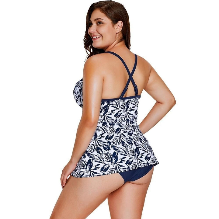 Women Swimsuit Two Piece Set Plunge V Leaves Print Wireless Padded Cross Over Strap Sexy Swimwear Plus Size Image 9
