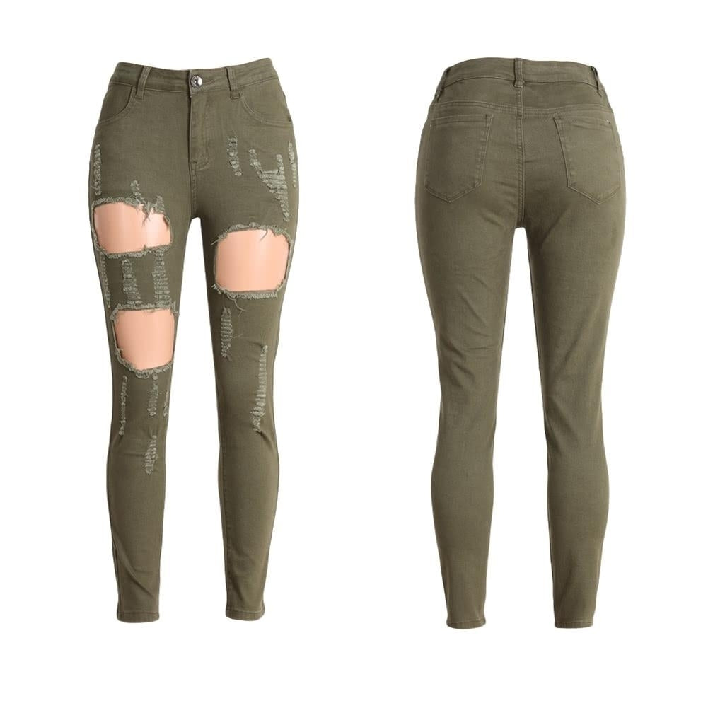 Women Washed Denim Jeans Ripped Hole Zipper Pockets High Waist Stretchy Skinny Pencil Trousers Image 1