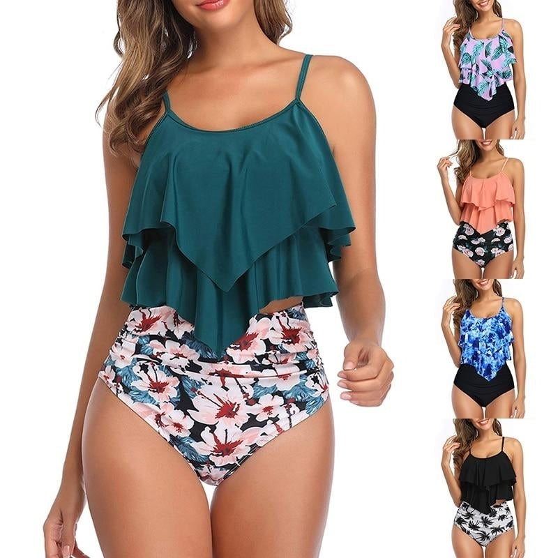 Women Two-Piece Double Flounce top-high Waist Overlay Tankini Swimwear Image 1