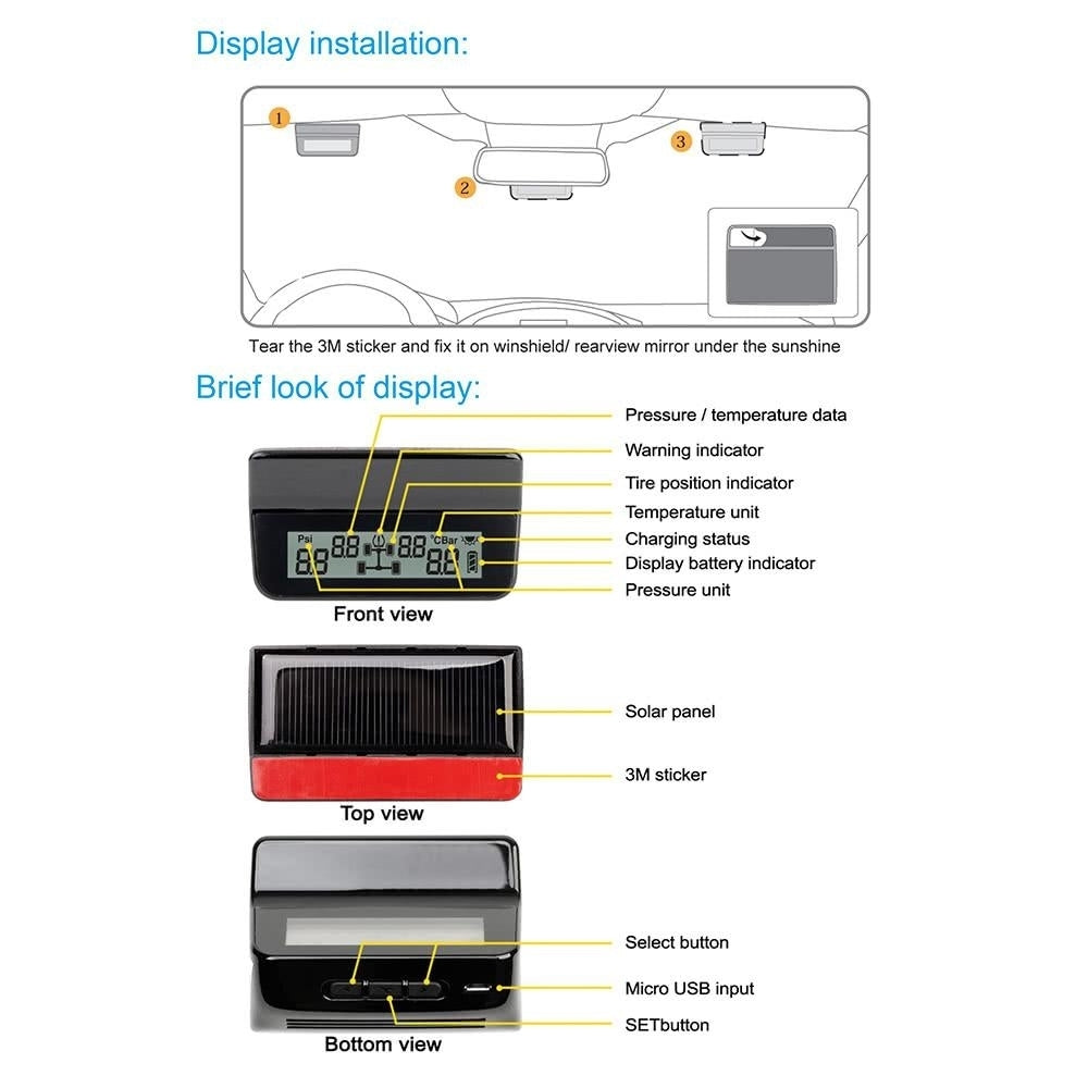 DIY TPMS Car Tire Pressure Monitoring System with LCD Display 4 Valve-cap Sensors Bar PSI Unit Image 11