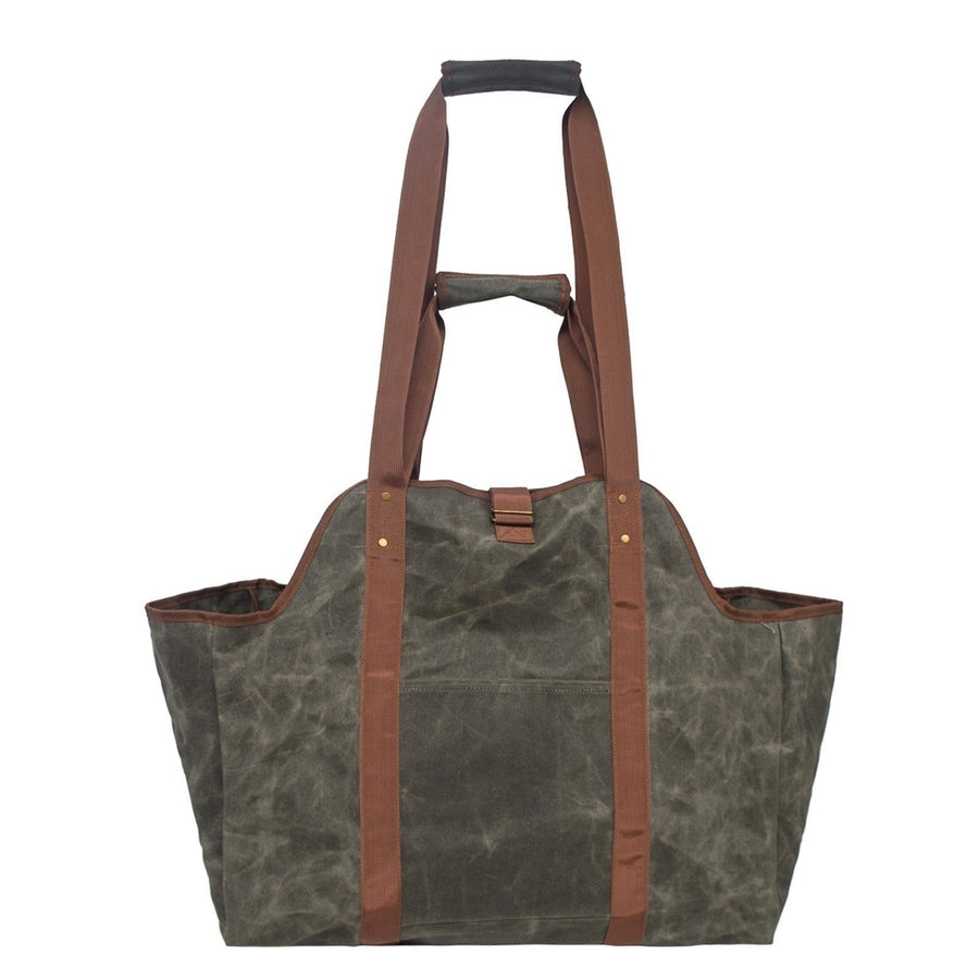 Large Firewood Bag Wax Canvas Log Carrier Tote with Pocket Image 1