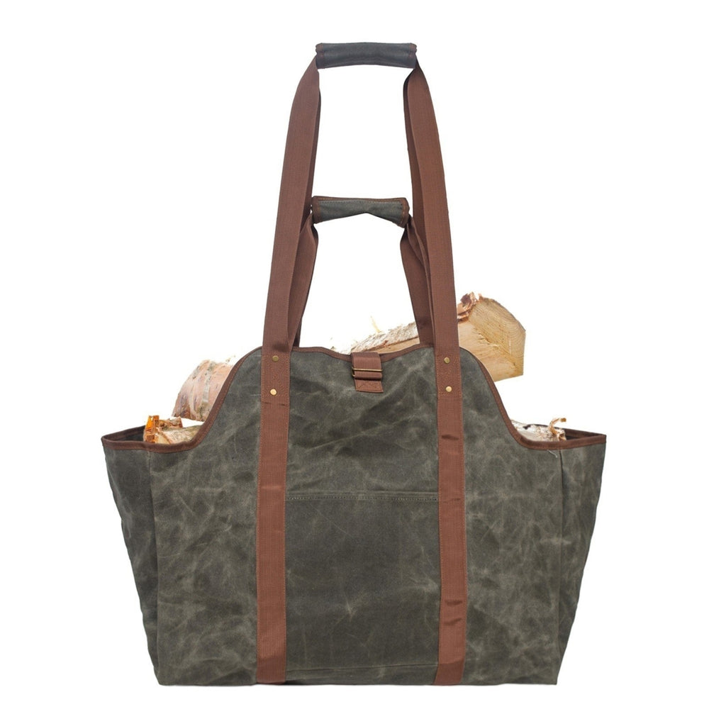 Large Firewood Bag Wax Canvas Log Carrier Tote with Pocket Image 2