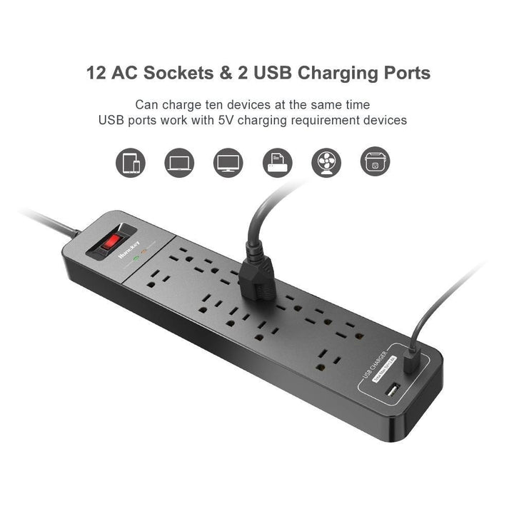 Power Strip Durable Household Socket with 12 AC Outlets 2 USB-A Charging Ports Surge Protector American Standard Image 8