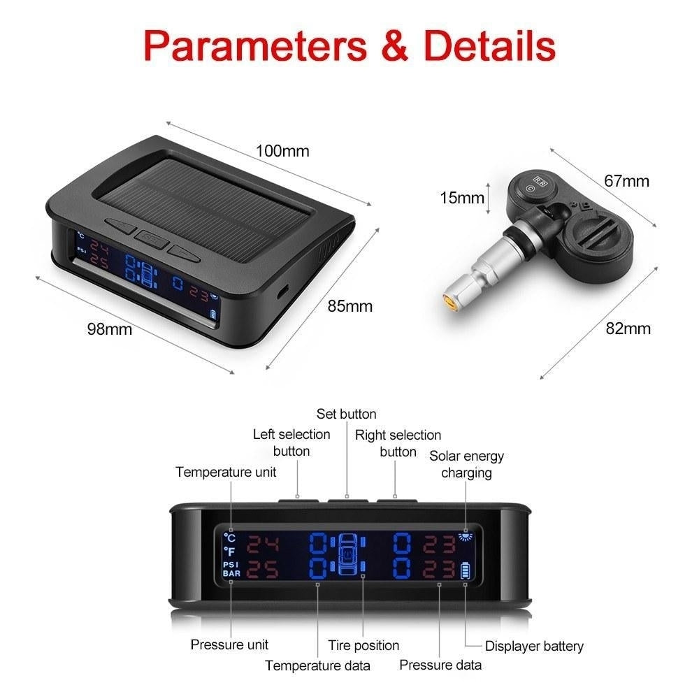 Tire Pressure Sensor Monitor System Wireless Solar Powered TPMS LCD Display with 4 Internal Sensors Image 6