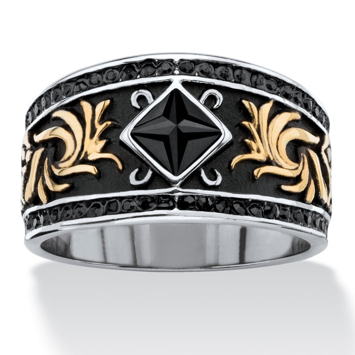 Mens Square-Cut and Pave Black Crystal Two-Tone Scroll Ring in Gold Ion-Plated Antiqued Stainless Steel Image 4