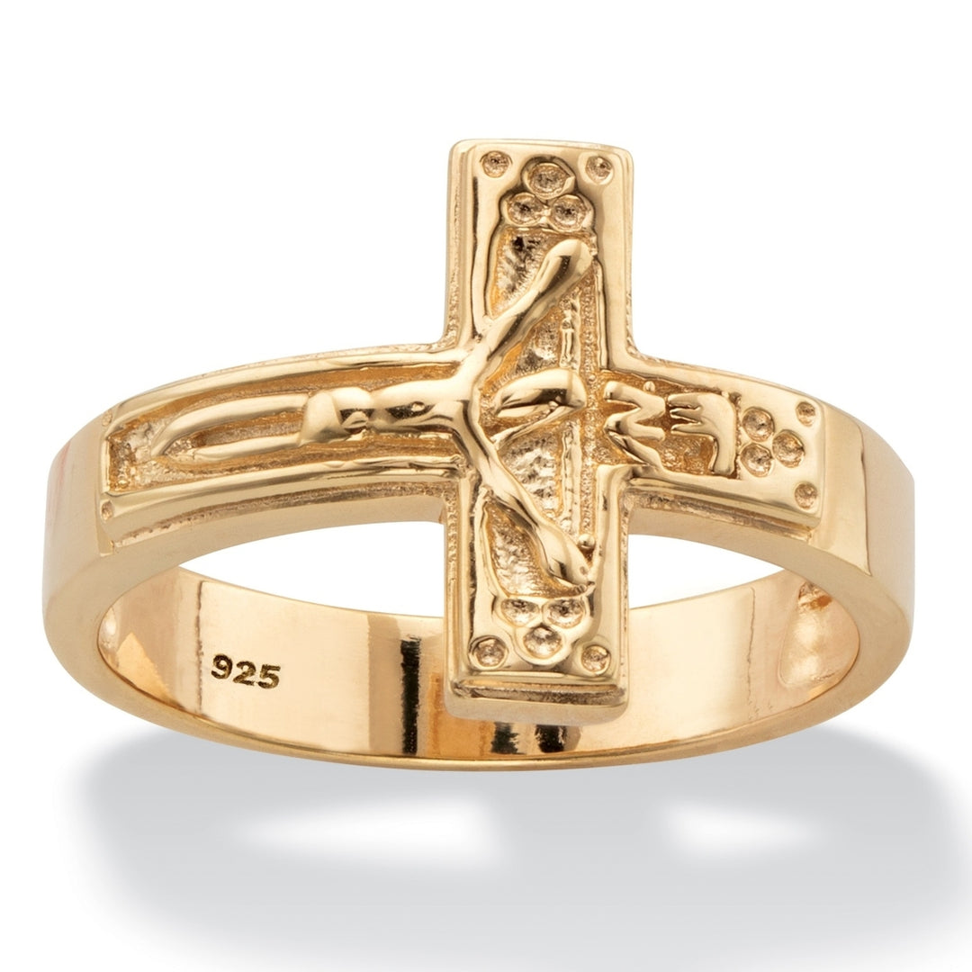 Horizontal Crucifix Cross Ring in 14k Yellow Gold over Sterling Silver Image 3