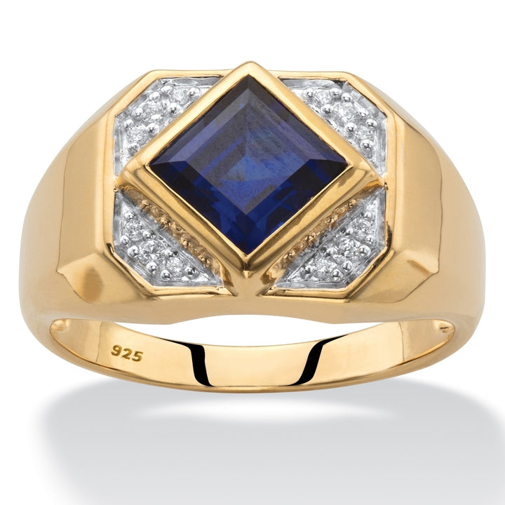 Mens Square-Cut Created Blue Sapphire Octagon Ring 2.20 TCW in 18k Yellow Gold over Sterling Silver Image 1