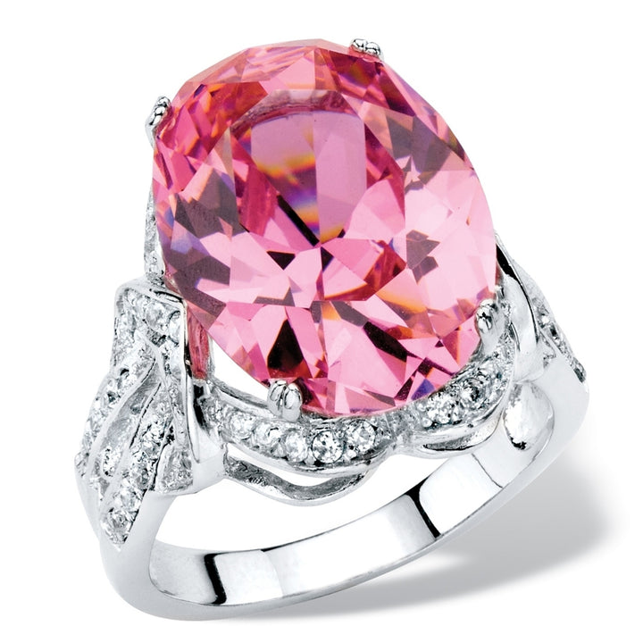 13.24 TCW Oval-Cut Simulated Pink Tourmaline Cubic Zirconia Cocktail Ring with White CZ Accents Platinum-Plated Image 4