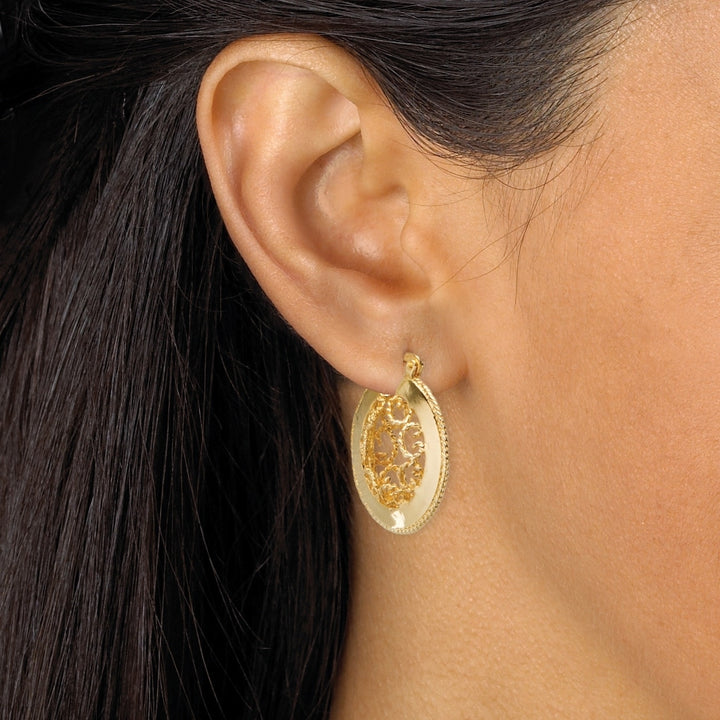 Scroll Cutout Hoop Earrings in Yellow Gold Tone Image 3