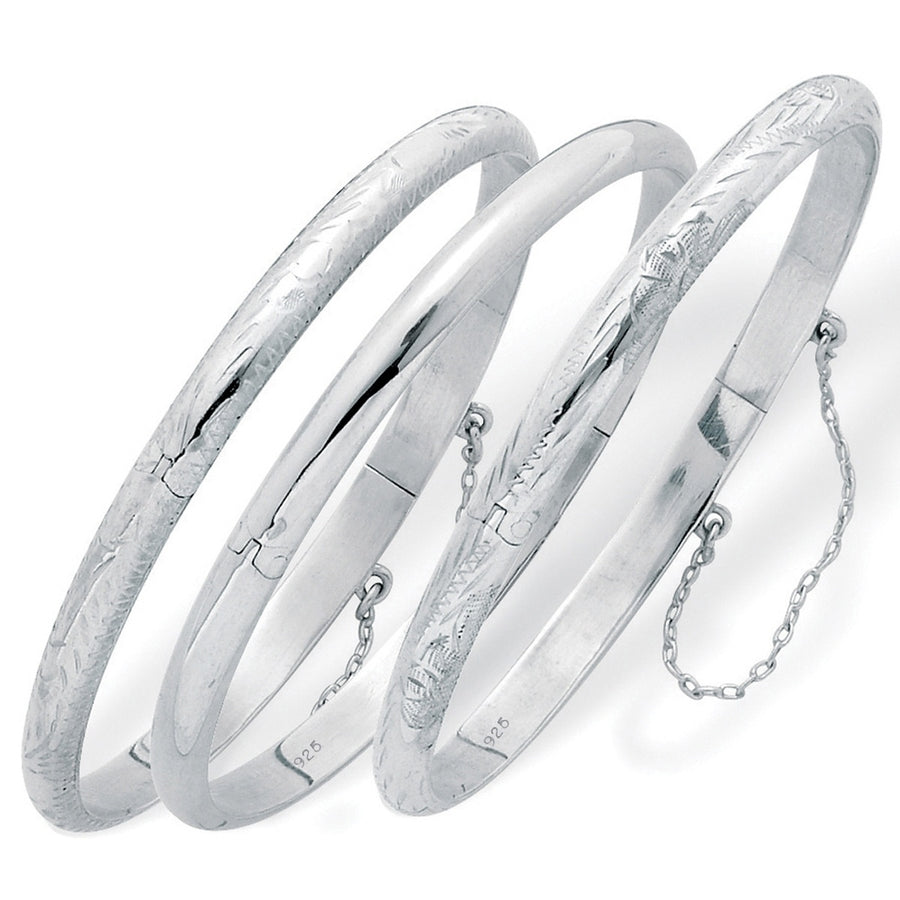 PolishedEngraved and Floral Three-Piece Bangle Set in .925 Sterling Silver Image 1