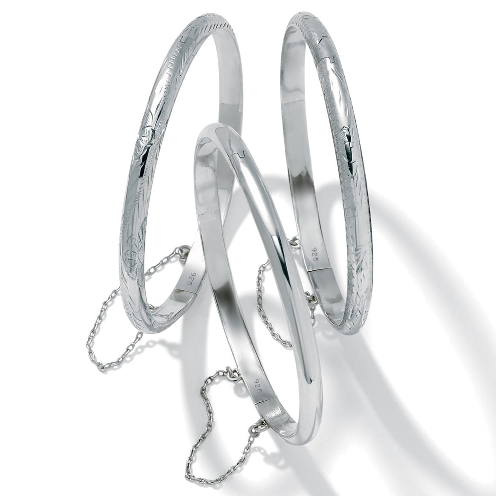 PolishedEngraved and Floral Three-Piece Bangle Set in .925 Sterling Silver Image 2