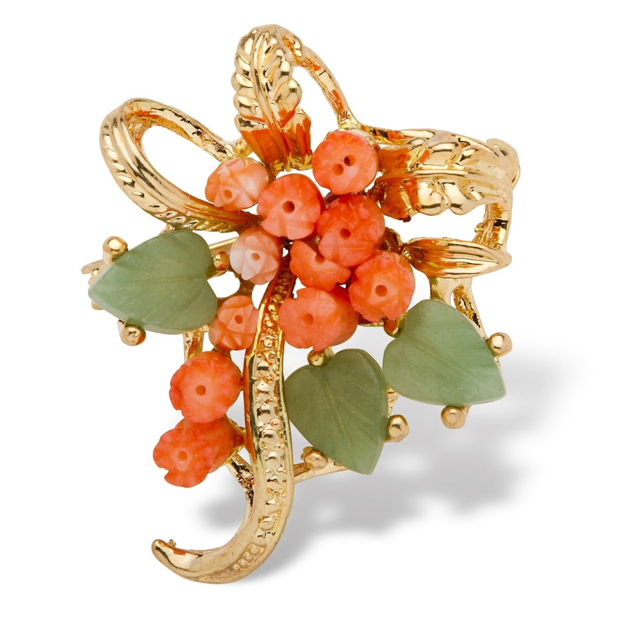 Genuine Coral and Agate Bouquet Pin in Yellow Gold Tone Image 1