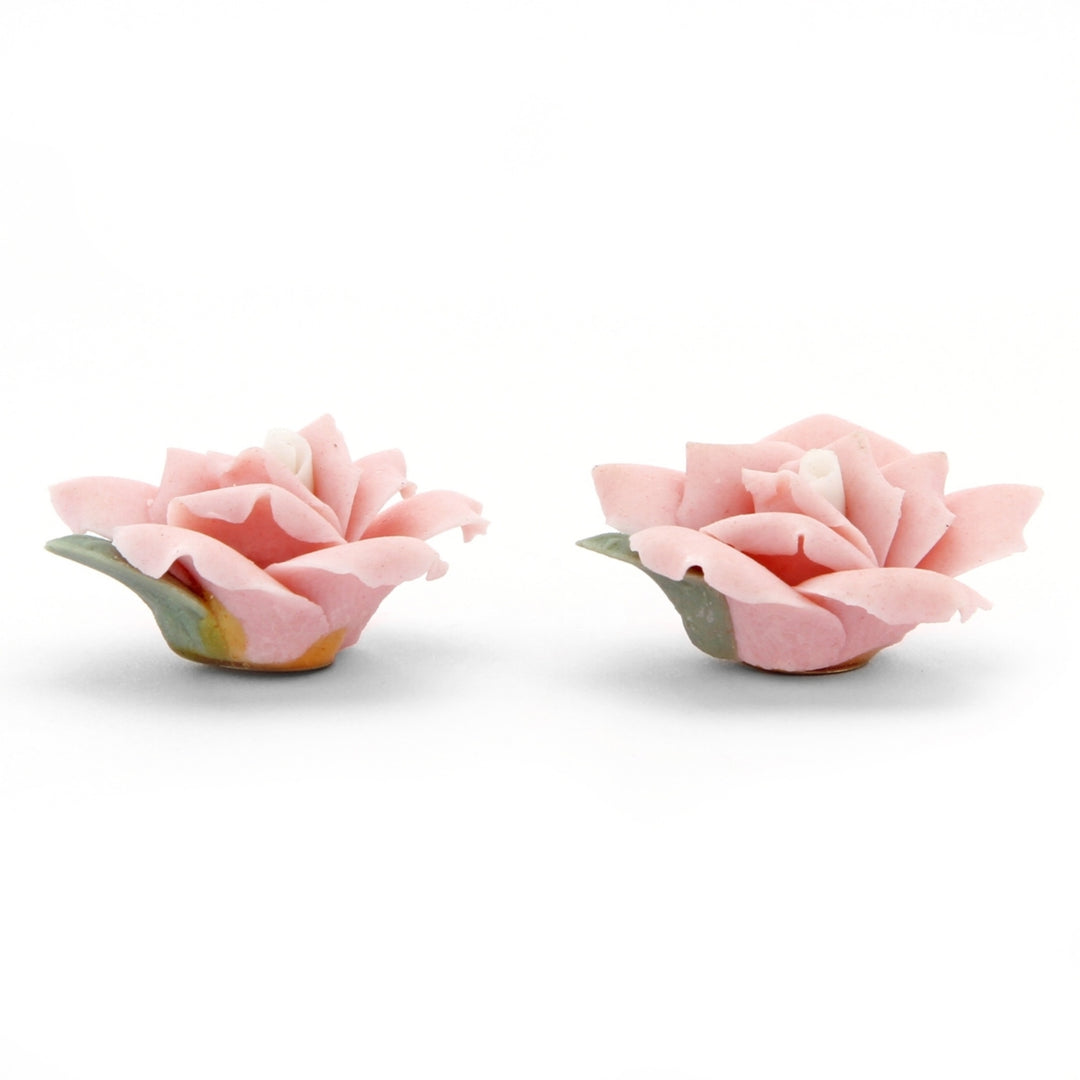 Pink Ceramic Rose Flower Stud Earrings Image 2