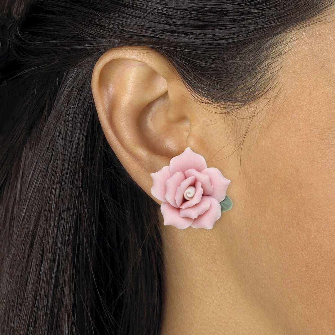 Pink Ceramic Rose Flower Stud Earrings Image 3