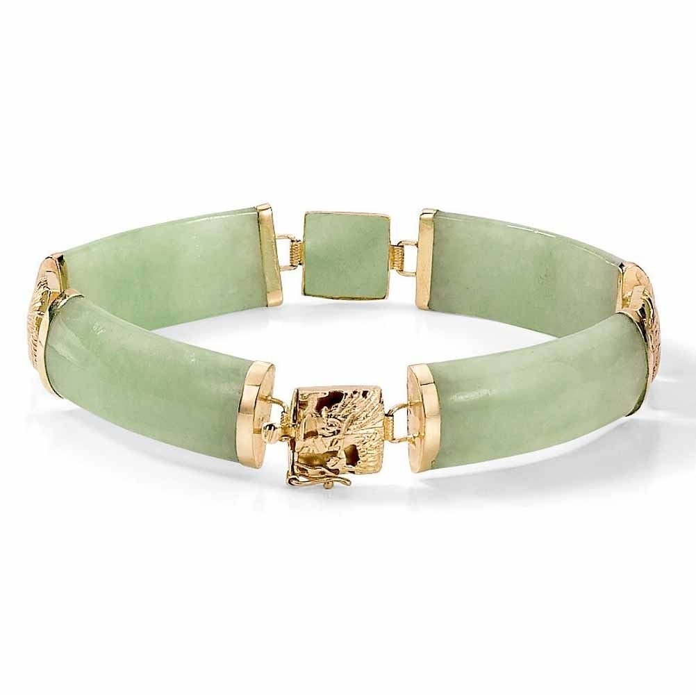 Green Genuine Jade 14k Yellow Gold Macaroni-Link Bracelet 7 1/4" Image 1