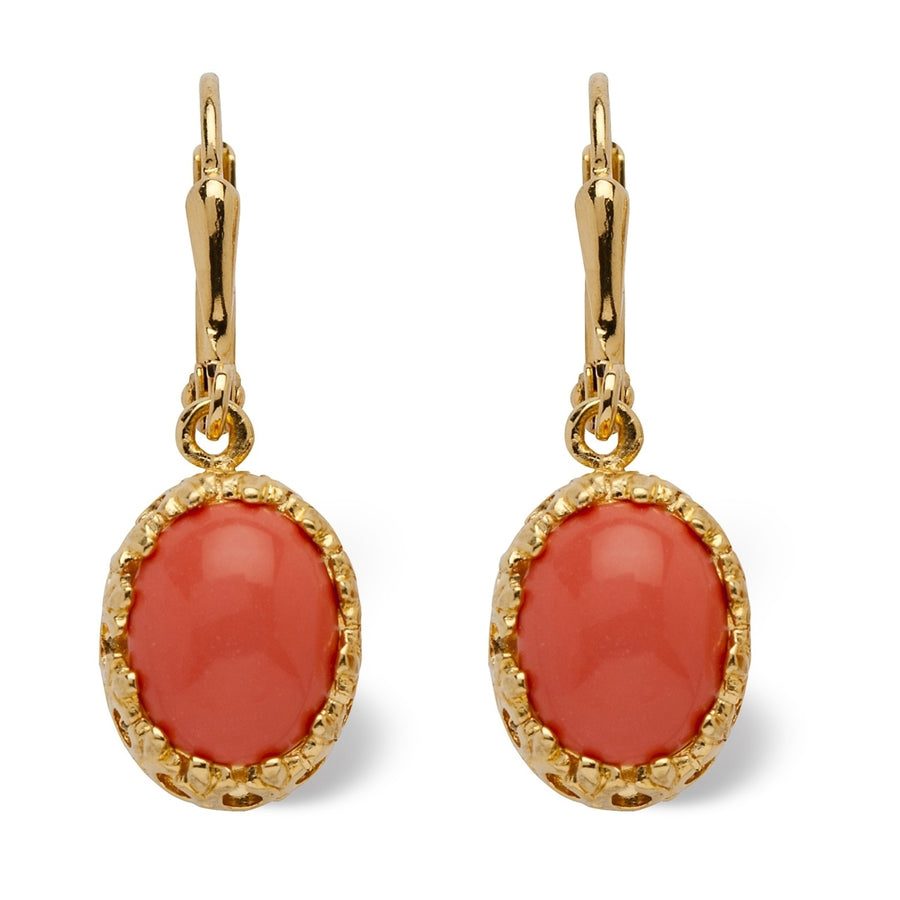 Orange Oval Simulated Coral 14k Yellow Gold-Plated Cabochon Filgree Drop Earrings Image 1