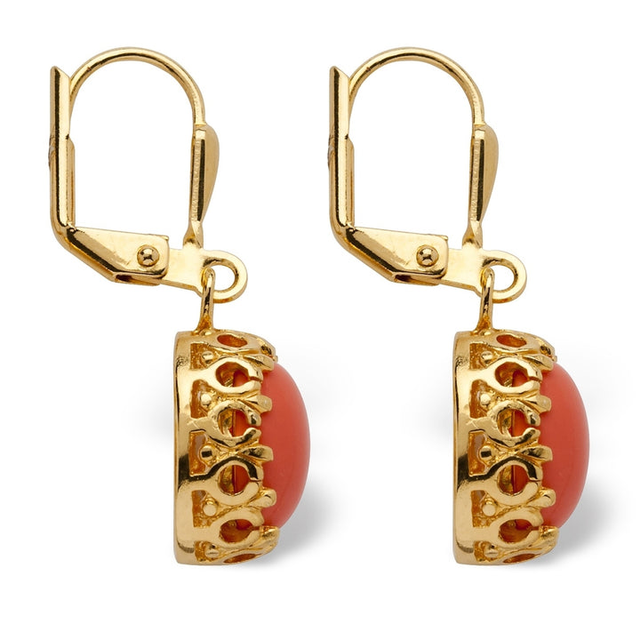 Orange Oval Simulated Coral 14k Yellow Gold-Plated Cabochon Filgree Drop Earrings Image 2