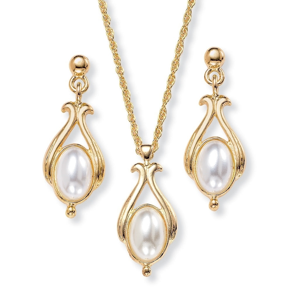 Oval Pearl Drop Pendant Necklace and Earrings Set in Yellow Gold Tone Image 1