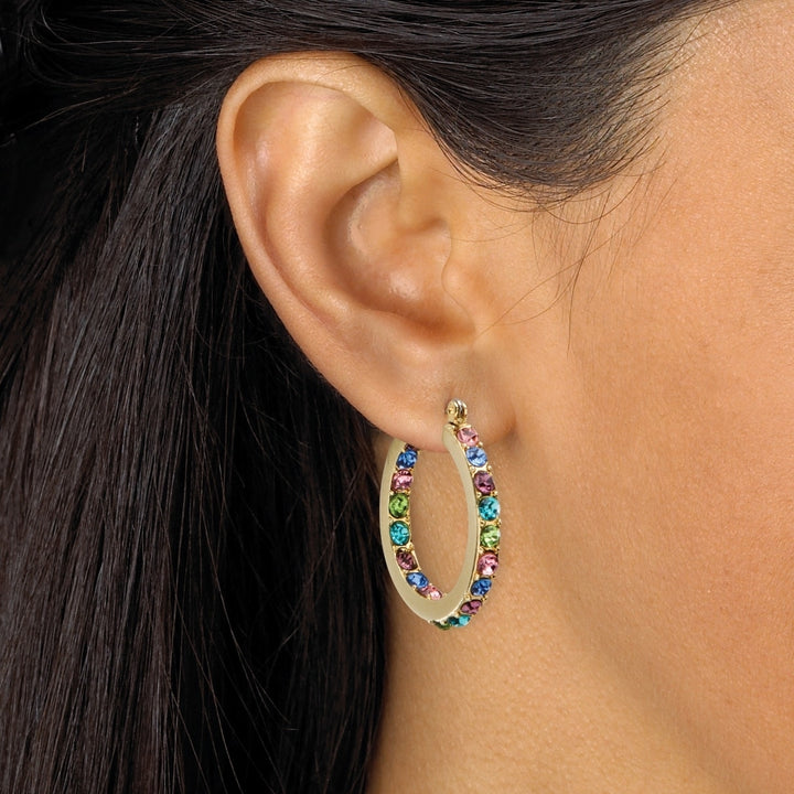 Multicolor Crystal Inside Out Hoop Earrings in Yellow Gold Tone Image 3