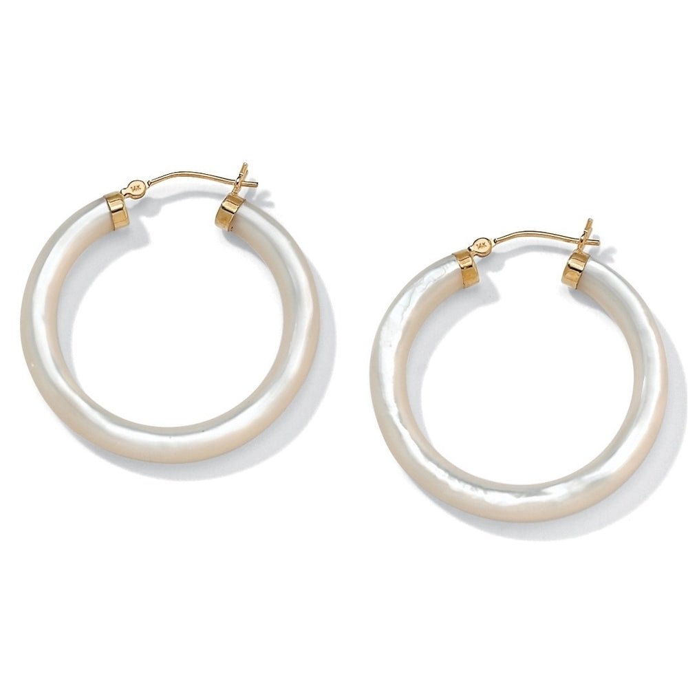 Genuine Mother-Of-Pearl 14k Yellow Gold Hoop Earrings Image 2