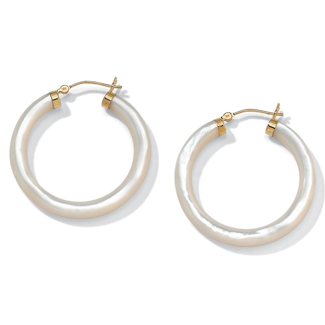 Genuine Mother-Of-Pearl 14k Yellow Gold Hoop Earrings Image 2