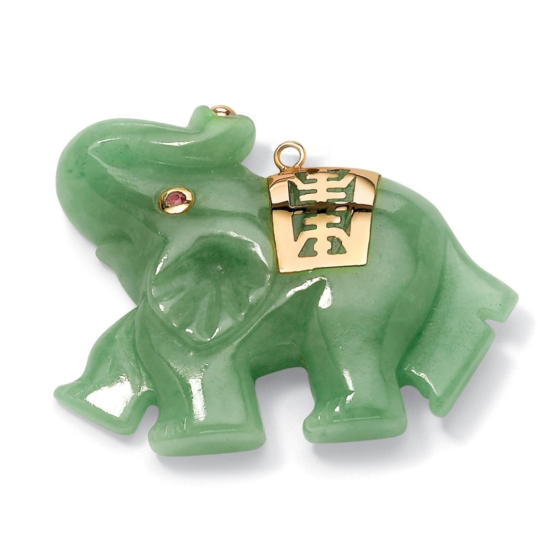 Green Jade Pink Genuine Sapphire Accent 14k Yellow Gold Lucky Elephant Charm Pendant Image 1