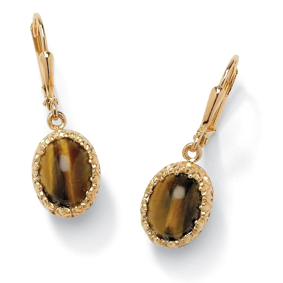 Oval-Shaped Genuine Tigers Eye Cabochon 14k Yellow Gold-Plated Drop Earrings Image 1